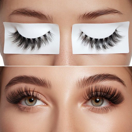 Comparison image of strip false lashes and individual eyelash extensions.