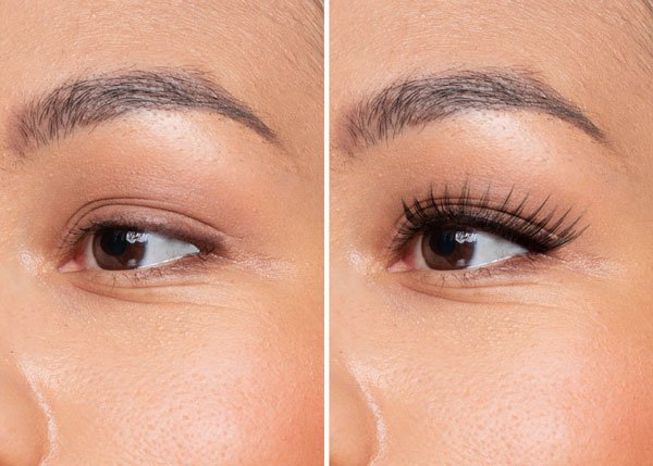 Close-up of natural lashes before and after a lash lift treatment